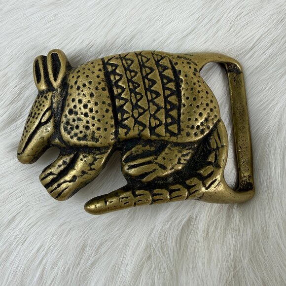 Vintage 70s Armadillo Belt Buckle Solid Brass Hippie Western Trinity - Picture 1 of 7